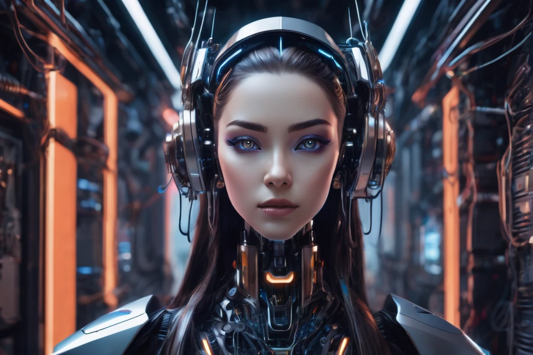"A futuristic female cyborg with a beautiful, friendly face, designed for a lo-fi music YouTube channel background. She has a Russian-like appearance with long hair, large eyes, a high nose, and a wide mouth. Her body seamlessly integrates mechanical and organic elements, with sleek metal parts, glowing accents, and visible circuitry. Her proportions are perfect, highlighting her advanced design. She is engaging in various gestures, exuding warmth and relatability. The background is a futuristic setting that complements her advanced technology. The overall atmosphere is calm and inviting, ideal for a lo-fi music channel."