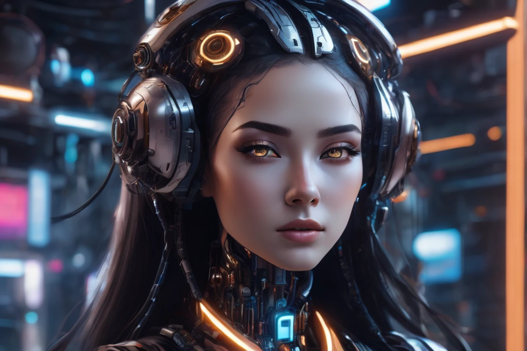 "A futuristic female cyborg with a beautiful, friendly face, designed for a lo-fi music YouTube channel background. She has a Russian-like appearance with long hair, large eyes, a high nose, and a wide mouth. Her body seamlessly integrates mechanical and organic elements, with sleek metal parts, glowing accents, and visible circuitry. Her proportions are perfect, highlighting her advanced design. She is engaging in various gestures, exuding warmth and relatability. The background is a futuristic setting that complements her advanced technology. The overall atmosphere is calm and inviting, ideal for a lo-fi music channel."