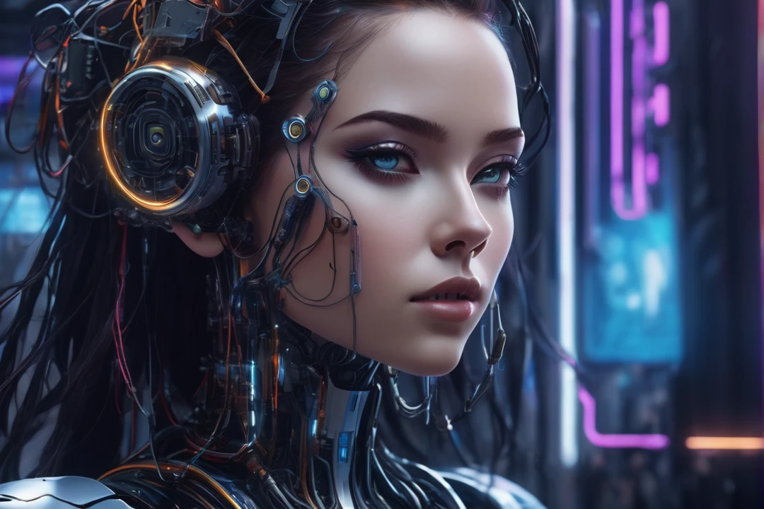 "A futuristic female cyborg with a beautiful, friendly face, designed for a lo-fi music YouTube channel background. She has a Russian-like appearance with long hair, large eyes, a high nose, and a wide mouth. Her body seamlessly integrates mechanical and organic elements, with sleek metal parts, glowing accents, and visible circuitry. Her proportions are perfect, highlighting her advanced design. She is engaging in various gestures, exuding warmth and relatability. The background is a futuristic setting that complements her advanced technology. The overall atmosphere is calm and inviting, ideal for a lo-fi music channel."