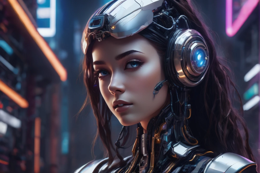"A futuristic female cyborg with a beautiful, friendly face, designed for a lo-fi music YouTube channel background. She has a Russian-like appearance with long hair, large eyes, a high nose, and a wide mouth. Her body seamlessly integrates mechanical and organic elements, with sleek metal parts, glowing accents, and visible circuitry. Her proportions are perfect, highlighting her advanced design. She is engaging in various gestures, exuding warmth and relatability. The background is a futuristic setting that complements her advanced technology. The overall atmosphere is calm and inviting, ideal for a lo-fi music channel."