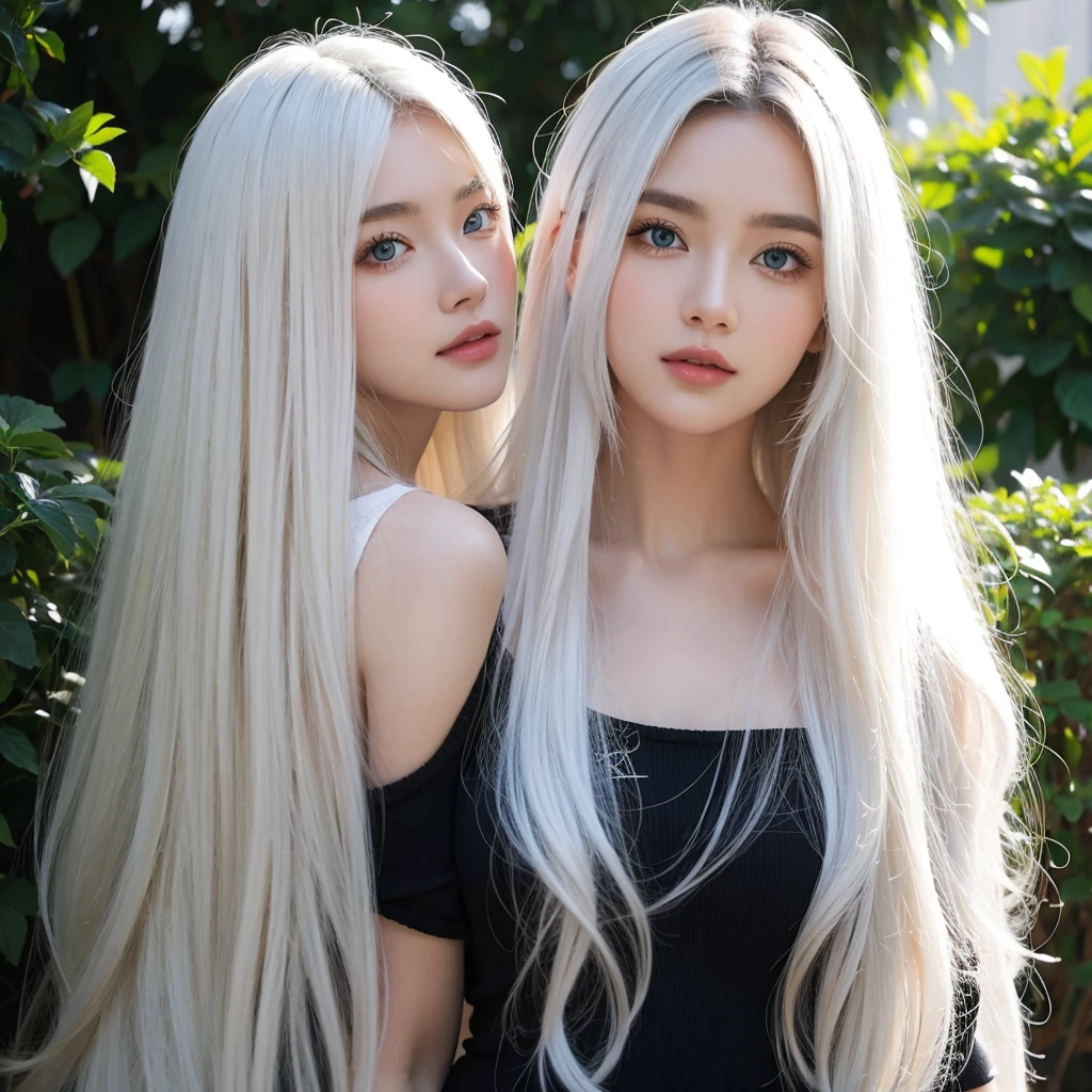 1 woman, White long curly hair，Natural and beauty hair, clean and beauty. White hair. Blue natural eyes. Black clothes. Black, shadows. 