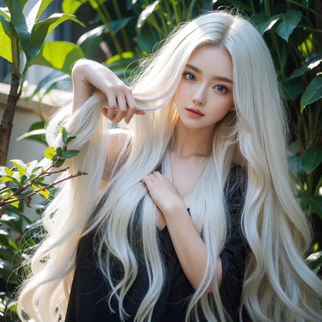 1 woman, White long curly hair,Natural and beauty hair, clean and beauty. White hair. Blue natural eyes. Black clothes. Black, shadows.