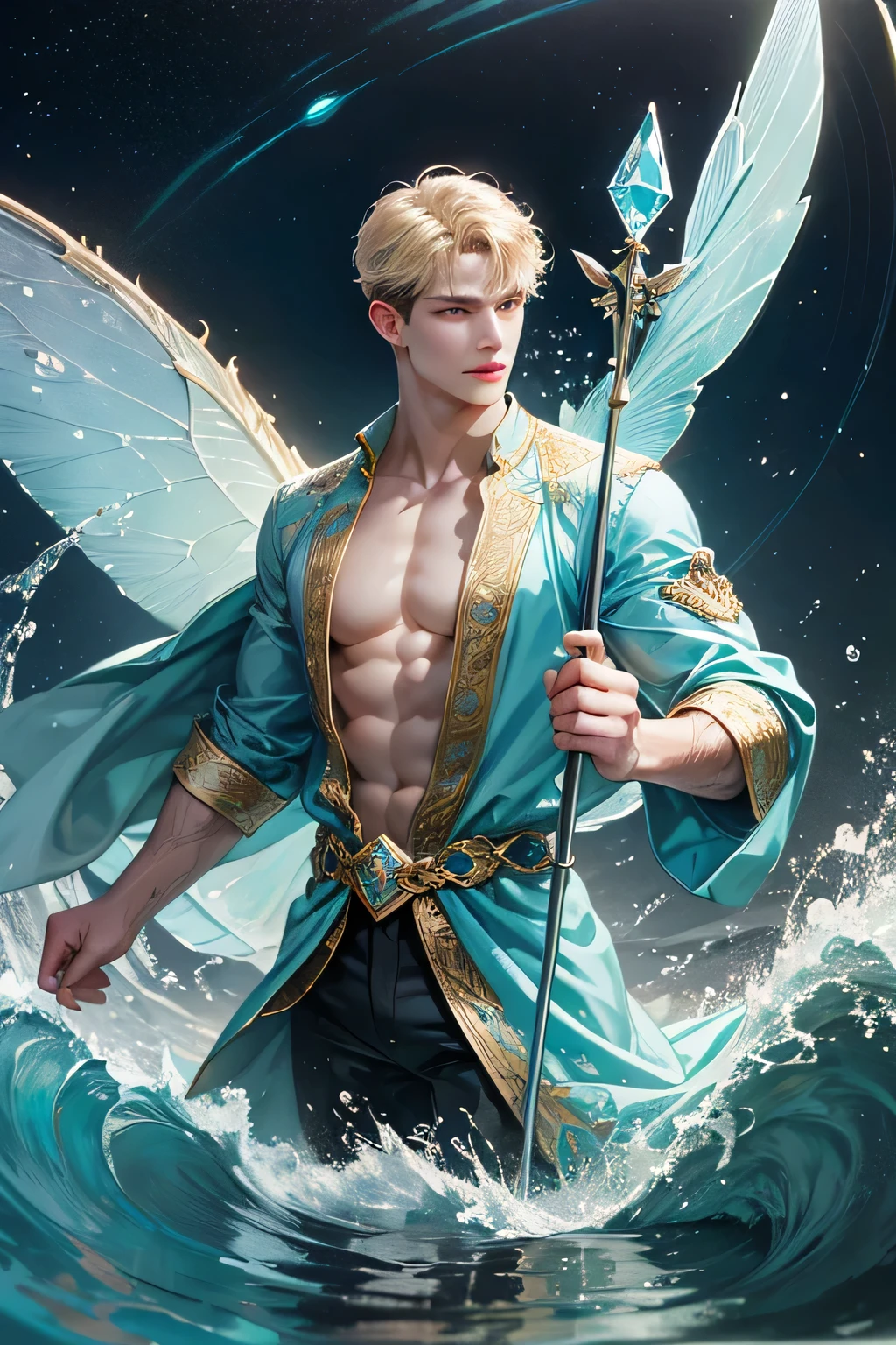 "Craft a captivating digital illustration featuring a handsome male fairy adorned with magnificent, iridescent wings reminiscent of glistening water droplets. Highlight his command over the element of water with cascading waves and gentle ripples flowing around him, evoking a sense of serene power. Incorporate a distinct water fairy symbol, holding an mystic ancient trident water staff, emblazoned upon him, symbolizing his connection to the watery depths and mastery over aquatic forces."