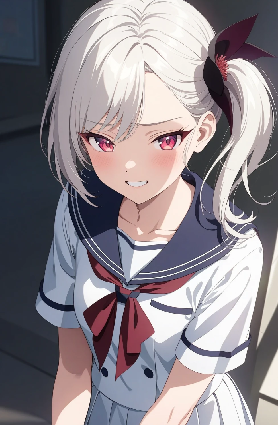 best quality, amazing quality, very aesthetic, absurdres, (1girl, mutsuki, blue archive, solo, red eyes, white hair, side ponytail), (realistic face:0.7),(sailor dress:2), (grin, shy), (cowboy shot), (glowing eyes:1.1), (half closed eyes:0.9), expressive eyes, perfect face, 4k, extremely detailed anime illustration, extremely detailed eyes, perfect anatomy, light rays, extremely delicate body, smooth skin, (school background:1.5), clear eyes, beautiful face, small breasts,(anime style:1.5), (Chiaroscuro:1.5),  (highres:2), thigh