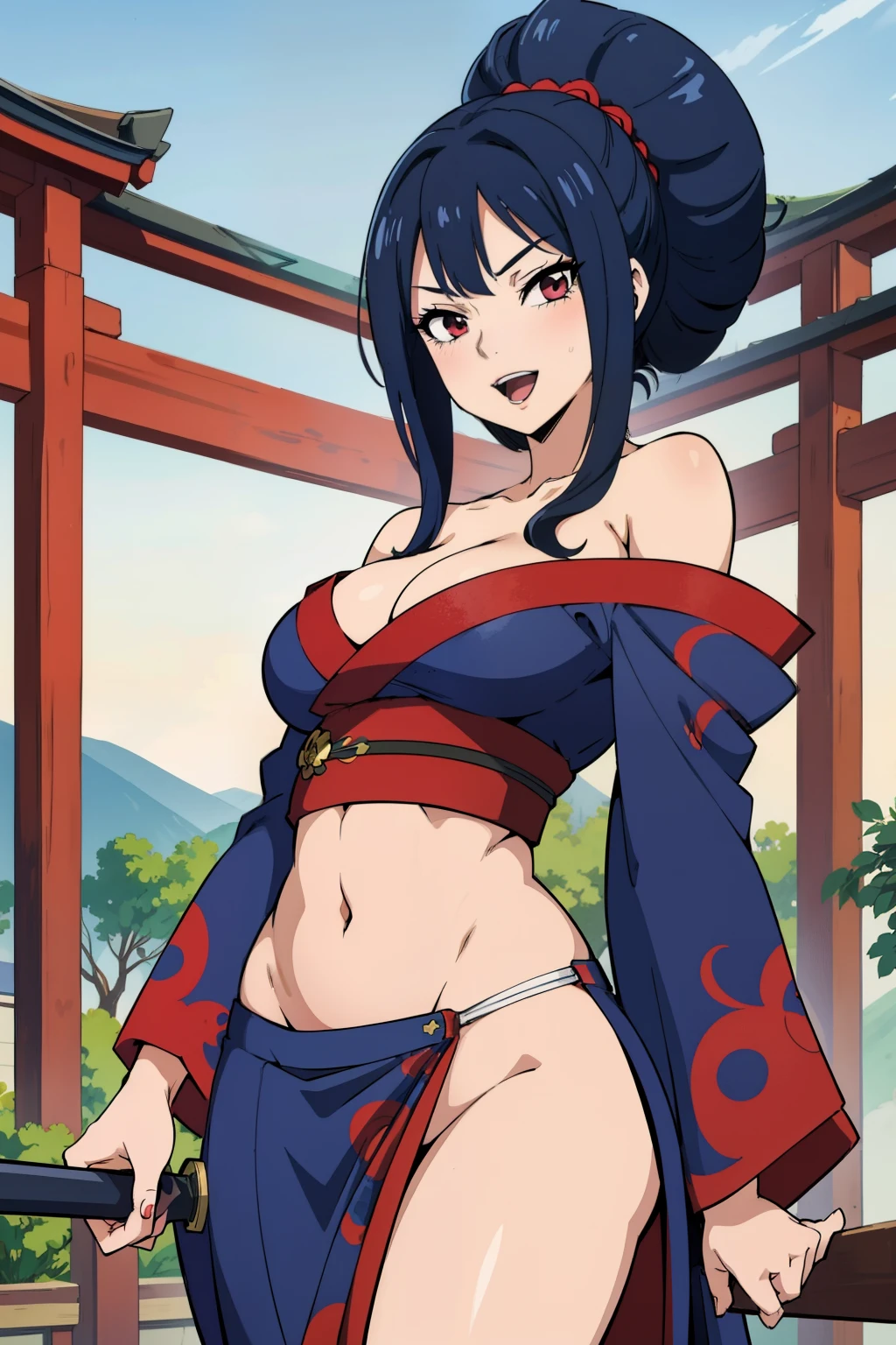 woman,darkblue hair, bangs, lipstick, long hair, blush, lipstick, fur trim, maturee, masterpiece, best quality, highly detailed, a anime girls in kimono dress with a sword posing for a
picture, bare shoulder,open kimono, evil smile, open mouth, crop top , (nsfw) not safe for work, smile,
ecchi anime , anime girls, ecchi style, ecchgital anime a in anime style, official artwork, visual
novel cg, beautiful anime girl, anime style 4 k, kimono pencil skirt, exposed belly, exposed navel,
exposed midriff, exposed lower belly, outdoor, japanese architecture, temple