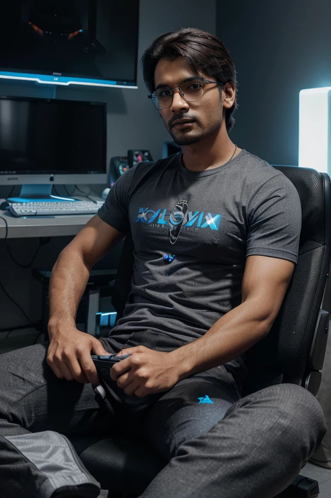 3D cartoon a man wearing a gray t-shirt, black pants, is sitting on a gaming chair, behind him is a hologram with the words "Hajra Aswadi" next to it there is a computer that is displaying a game, face view ,half body,brown skin, background blue