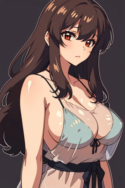 (beautiful detailed eyes:1.5, beautiful detailed face:1.2, beautiful detailed hair), Murrue Ramius, 1 woman, mature, milf, red eyes, blush, (nsfw, sexy, Curvy), (brown hair, long hair, bangs), (sagging huge breasts), (see-through negligee:1.5), (upper body:1.5), standing, (Perfect detailed Anatomy, beautiful detailed hair, perfect female body:1.2, shiny skin), (thick outline, Beautiful outlines, black outlines), simple background:1.5