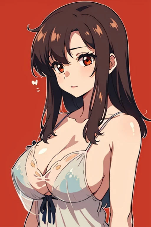(beautiful detailed eyes:1.5, beautiful detailed face:1.2, beautiful detailed hair), Murrue Ramius, 1 woman, mature, milf, red eyes, blush, (nsfw, sexy, Curvy), (brown hair, long hair, bangs), (sagging huge breasts), (see-through negligee:1.5), (upper body:1.5), standing, (Perfect detailed Anatomy, beautiful detailed hair, perfect female body:1.2, shiny skin), (thick outline, Beautiful outlines, black outlines), simple background:1.5