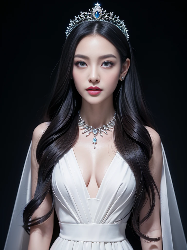Highest quality、masterpiece、8K、Award-winning works、Hyperrealism、A vampire princess、恐ろしいA vampire princess、Natural forehead、spooky、White skin、Wicked Makeup、The most detailed and beautiful face、The relentless gaze、look at me、Long eyelashes、spookyなメイク、Black Lips、eye shadow、艶のあるBlack Lips、Highest qualityのウルトラHDスキン、The most detailed eyes、(The most luxurious and Highest quality giant tiara、The most luxurious and Highest quality giant necklace、、The most gorgeous and luxurious black princess dress)、Cleavage、Pitch black background 1.2、dark、Beautiful long wavy hair、Shiny Hair、Intermediate Photo 1.5、God&#39;s light shines、Lace fabric 1.5、(((透き通る様なLace fabric 1.5)))，Off the shoulder、