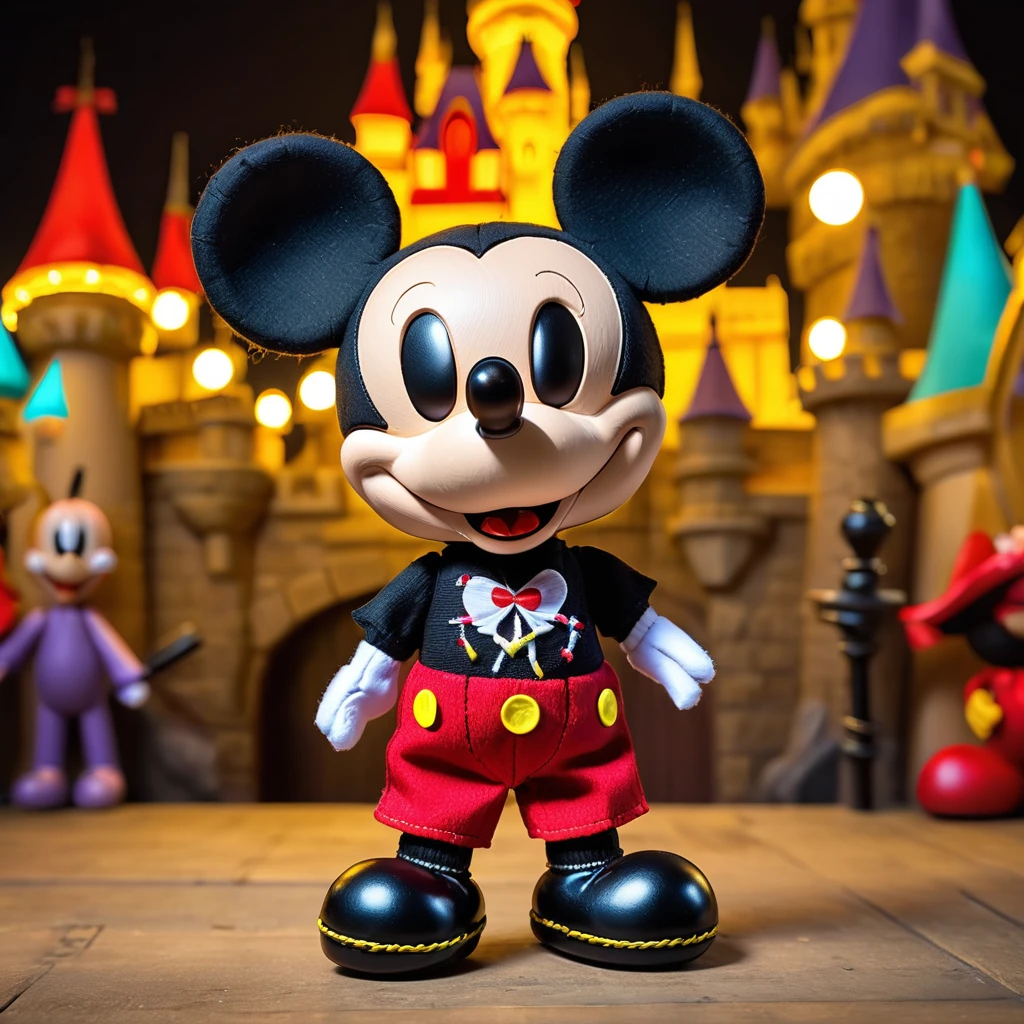(knitted toy voodoo doll:1.7), (voodoo doll resembling Mickey Mouse:1.4), (Clothing: classic Mickey Mouse outfit with red shorts, yellow shoes, white gloves:1.0), (Accessories: small magic wand, mouse ears:1.1), (background: Disneyland with castle and colorful lights:1.2), best quality, masterpiece, detailed soft oil painting, detailed background, dramatic cinematic lighting, soft edge lighting, professional, dramatic lighting, hard edge lighting, ultra quality, 4k, masterpiece, best quality, 8k, ultra high definition, high resolution, extremely detailed