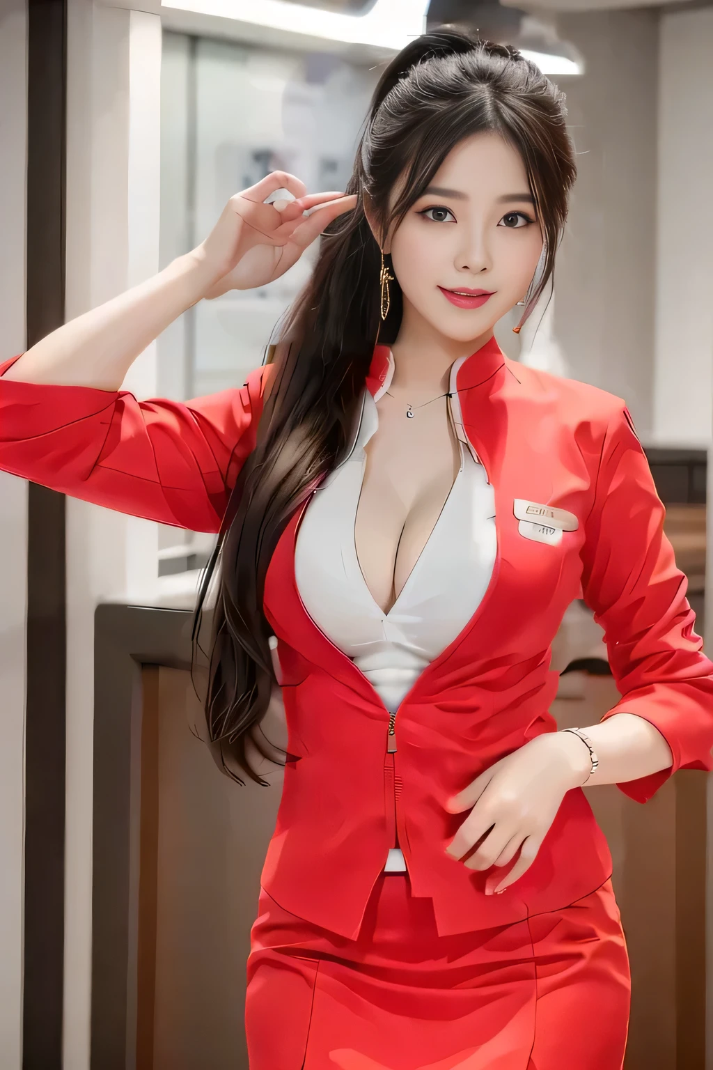 AirAsia&#39;s red uniform、Luxury earrings、ロングヘアのponytail、Hair tied up、Red rubber band、ponytail、Captivating look、22 year old Asian female