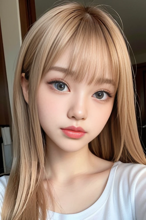 Her windblown blonde hair obscures her pretty face..、Bangs that flow between the eyes、Sexy big 、18year old cute little Beautiful Face、Shiny, bright, straight, super long blonde hair、Cute and beautiful long, smooth bangs covering the area between the eyes、Long, straight, silky hair、Sexy and cute smiling young girl、Every detail, white and Shiny skin、Shiny skin、Beautiful Face、Cheek gloss highlighter、Beautiful light blue eyes that shine so brightly、Very big eyes、Small Face Beauty、Perfect beauty、(Full body 2:1)、High heeliniskirt、Tshirt、