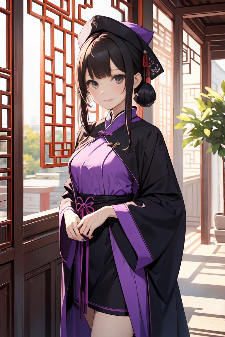 girl, Wearing purple and black robes, Located in a Chinese-style building