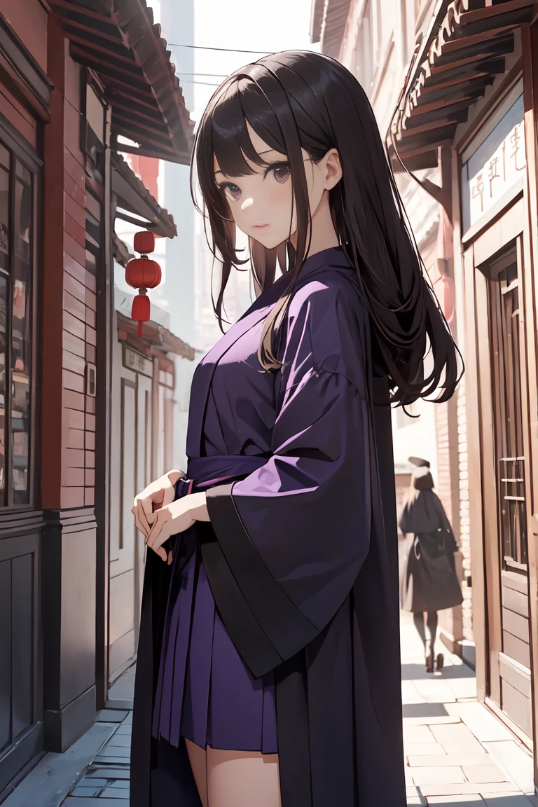 girl, Wearing purple and black robes, Located in a Chinese-style building