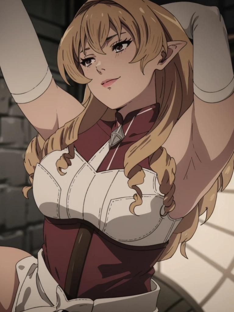 Best quality, masterpiece, ultra high res, 1girl, sexy, in the dark, deep shadow, low key, cold light, milf, blonde hair, dynamic light, cinematic lighting, cinematic lighting, down blouse, mature woman, middle parted hair, natural breast, full body, upper body, milf, elinalise, seductive smile, armpits visible, detailed armpits