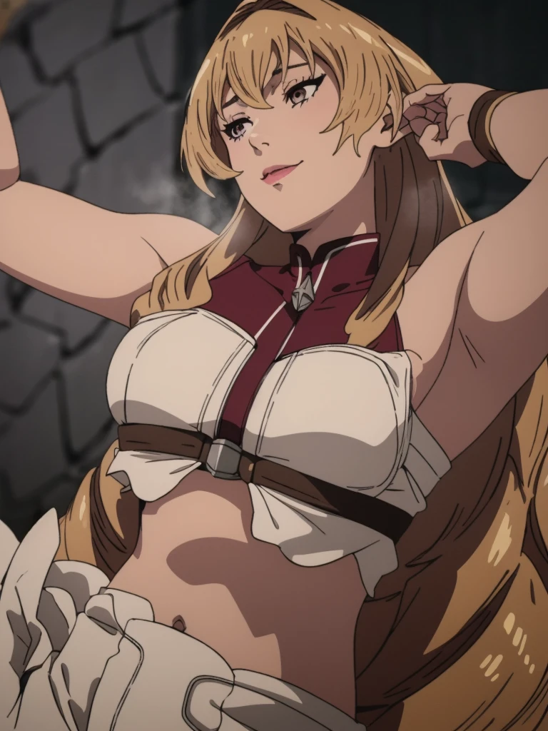 Best quality, masterpiece, ultra high res, 1girl, sexy, in the dark, deep shadow, low key, cold light, milf, blonde hair, dynamic light, cinematic lighting, cinematic lighting, down blouse, mature woman, middle parted hair, natural breast, full body, upper body, milf, elinalise, seductive smile, armpits visible, detailed armpits