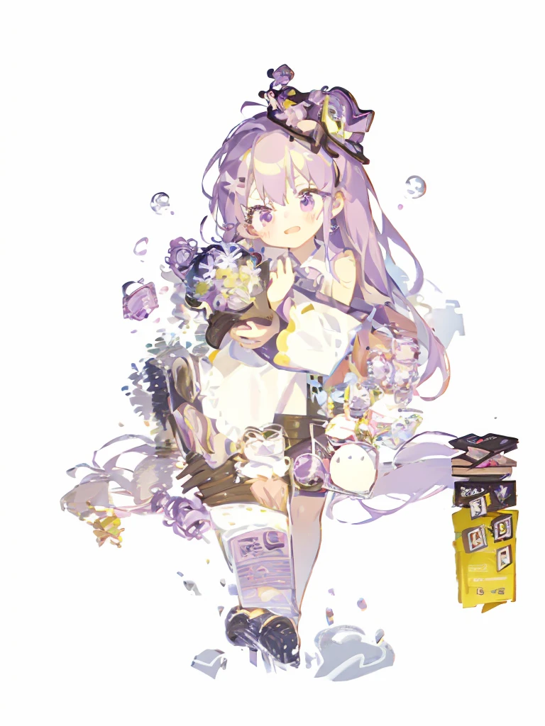 A girl,Bangs,(Standing picture),(whole body),Character Design,Long hair,Fashion Design,Complex headdress,Complex clothes,cute,Everyday wear,Purple Hair,bandage,Tutu,Bow