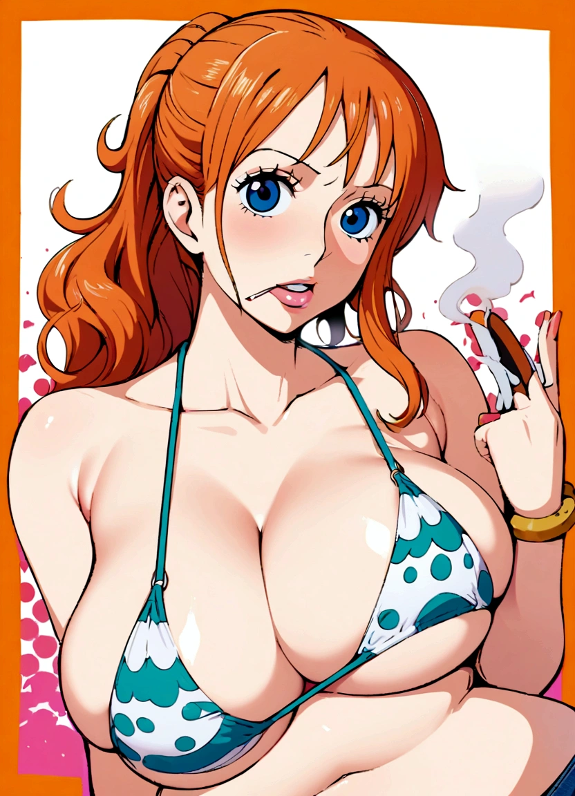 a cartoon picture of a woman in a bikini top and jeans, nami one piece, nami from one piece, nami, beautiful portrait of nami, from one piece, oppai, blue eyes, smoking, ponytail, nsfw