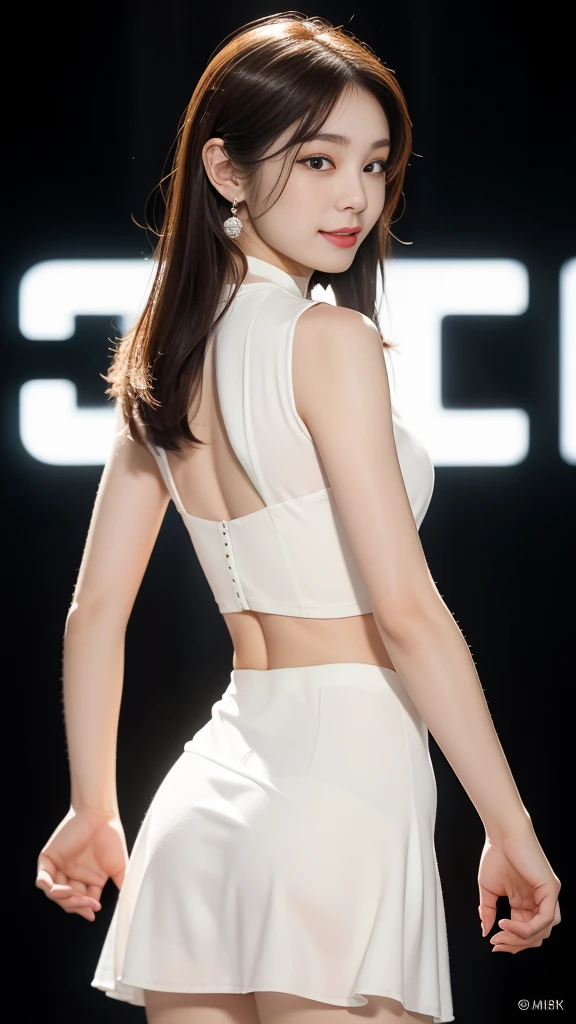 8k, masterpiece, RAW photo, best quality, photorealistic, extremely detailed CG unity 8k wallpaper, Depth of field, Cinematic Light, Lens Flare, Ray tracing, (extremely beautiful face, beautiful lips, beautiful eyes), intricate detail face, ((ultra detailed skin)) 1girl, in the dark, deep shadow, pretty korean girl, kpop idol, 1 girl, (very slim slender fit-muscled body:1.3), ((looking at viewer)),(big smile:1.3), (midnight, dark night, (neon sign), (blurred background), dim light), (without people in the background:1.3), beautiful earrings, bracelets, necklace, pantyhose, clear eyes, walking , front shot, (pale skin), (big eyes), face forward, (full body shot), (brown hairs), open navel, (looking at viewer:1.3), very slim, medium breasts, (camel toe), thick thighs, turn back, (flooming laced mini dress), ((white color dress)), (tight skirt), ((turning back, back shot)), ultra mini skirt, exposed ass, upper shot