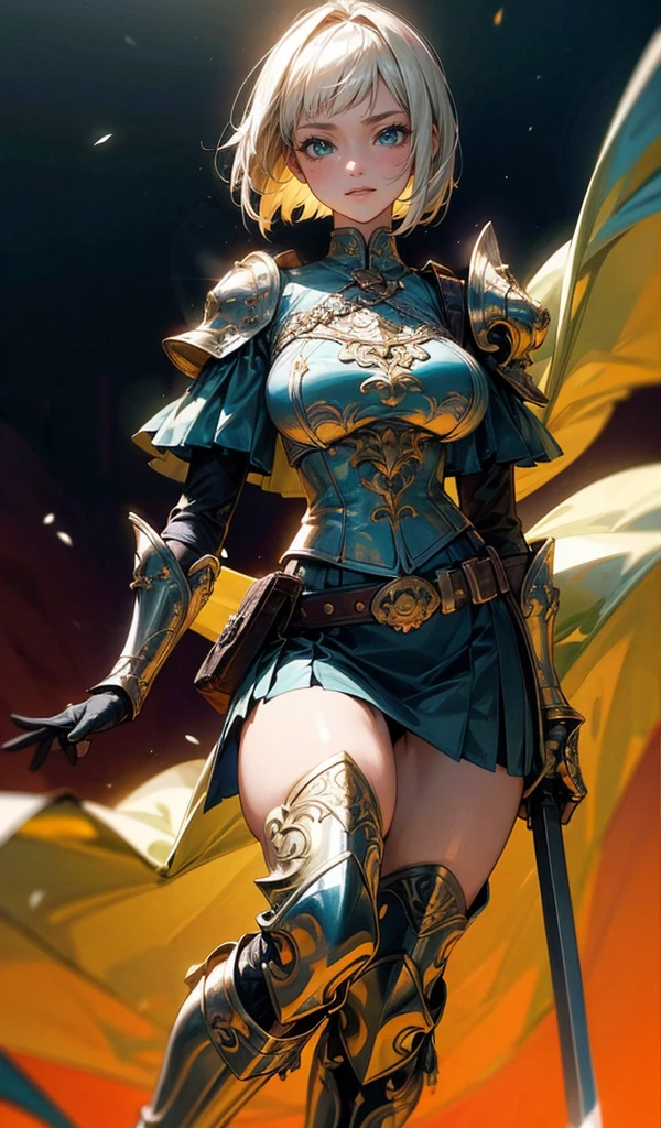 Please follow the all prompts below exactly and faithfully, This is a breathtaking masterpiece of digital illustration, with maximum resolution, UHD, 512K, 2160p, 10 million ppi, 300 million dpi, natural color tones, ultra sharp details, perfect outlines with contrast, ((smooth, soft and clearly and most realistic skin and hair texture)), most beautiful detailed eye features, perfect anatomically correct human body, beautiful background with depth, rule of thirds, depth of field, Maximize all element is used to its full potential to create the best digital illustrations, 1woman, sexy, 25years old, beautiful face sharp, elegant woman, Ultimate perfect body style, beautiful beautiful big breasts, Maximize upturned breasts, green eyes, shiny blonde hair, short hair, bob cut, (eyes visible through hair:1.3), glossy very thick lips, pink lipstick, smile:1.5, Fantasy world warrior with detailed armor, wielding a sword, vibrant colors, dynamic pose, and a skirt. The armor includes silver-plated chest armor, intricate shoulder guards, elaborate gauntlets, decorative knee pads, shin guards with engravings, chainmail sleeves, leather belt with pouches, plumed helmet, ornate scabbard, gem-encrusted hilt, flowing cape, thigh-high boots, decorative belt, floral patterns, silk lining, golden accents, emerald inlays, shoulder pauldrons, and dragon motif.