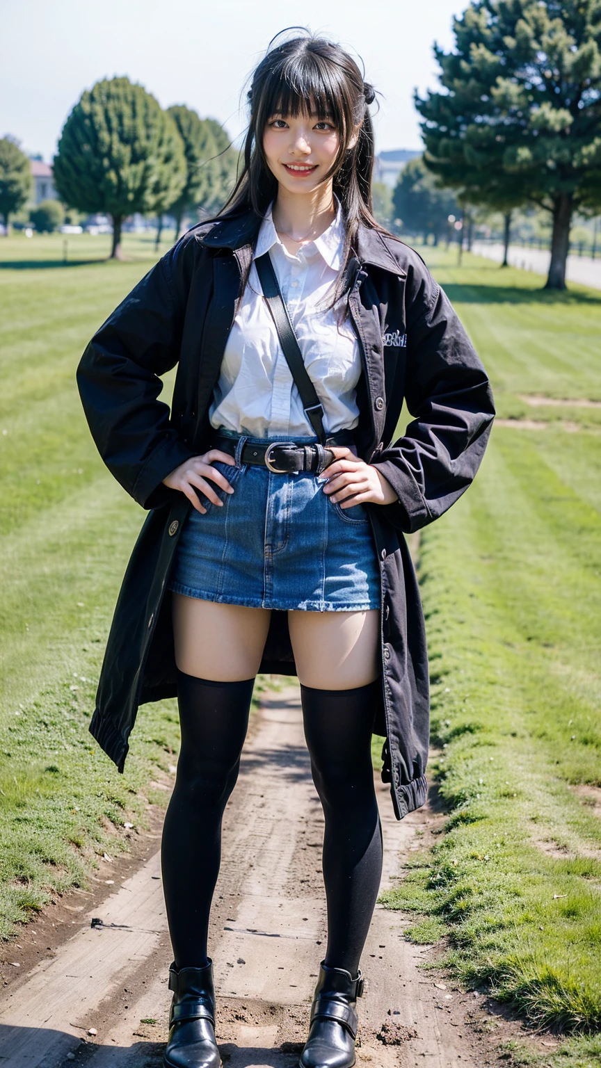 (8K、RAW Photos、Highest quality、masterpiece:1.2)、(Realistic、Realistic)、1 Girl、((Check mini skirt、Long coat、Medium Hair、black、Thin legs、whole body、boots、blackいコート、one piece、tights、garden、View from the front、smile、Looking into the camera、belt、Stand with hands on hips))、cute