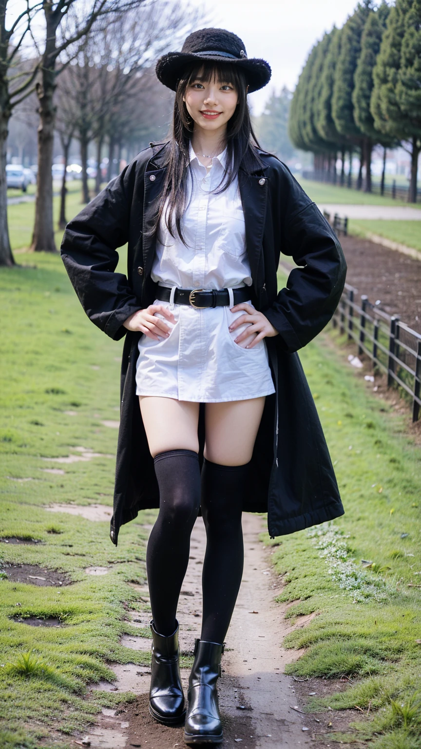 (8K、RAW Photos、Highest quality、masterpiece:1.2)、(Realistic、Realistic)、1 Girl、((Check mini skirt、Long coat、Medium Hair、black、Thin legs、whole body、boots、blackいコート、one piece、tights、garden、View from the front、smile、Looking into the camera、belt、Stand with hands on hips))、cute