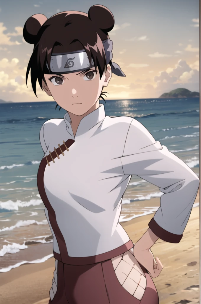 masterpiece, absurdres , (intricate details), (colorful),cinematic lighting,bust shot,extremely detailed CG unity 8k wallpaper,tenten\(shippuden\), 1girl, solo, hakama pants,white shirt, medium breasts, hand on hip,forehead protector, konohagakure symbol, headband, looking at viewer, outdoors,beach, laying on chest, laying on towel, frown,naked, small ass, big breasts, vagina