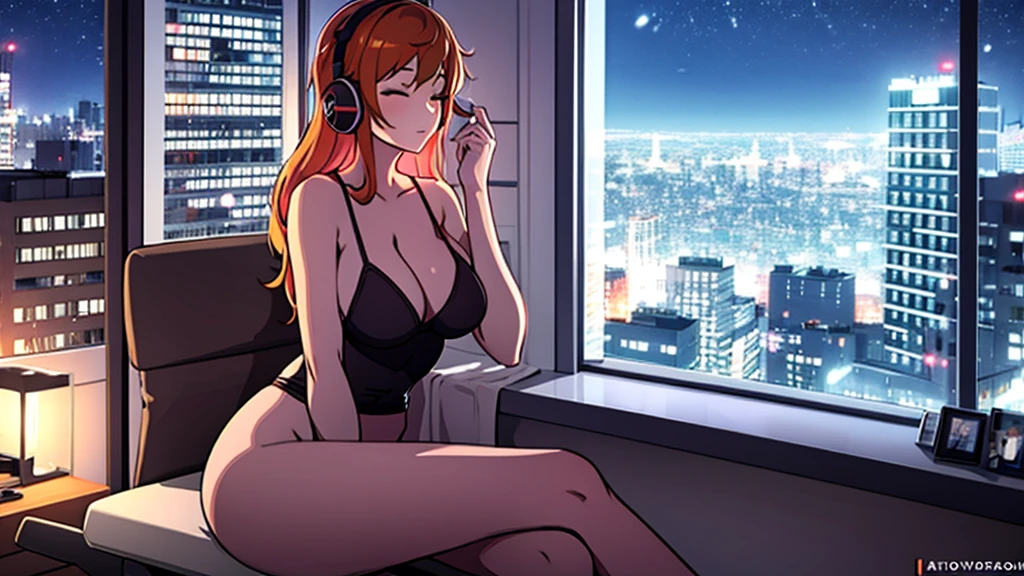 A sexy girl is sitting in a chair by the window listening to music with her eyes closed. Outside the window is a night city.