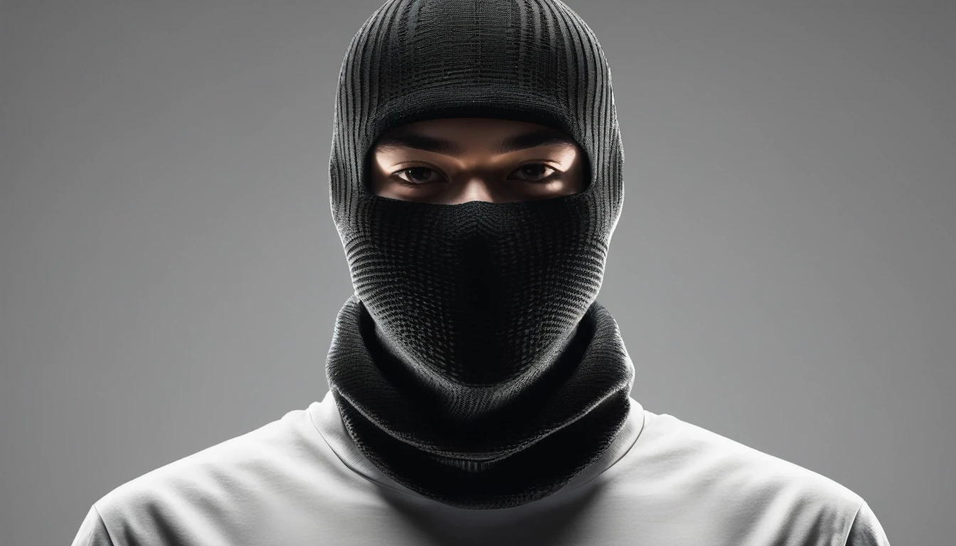 A character in dark clothing , face covered with a black balaclava, with a glowing effect, with solid white background, hyperrealistic, high quality, ultra detailed