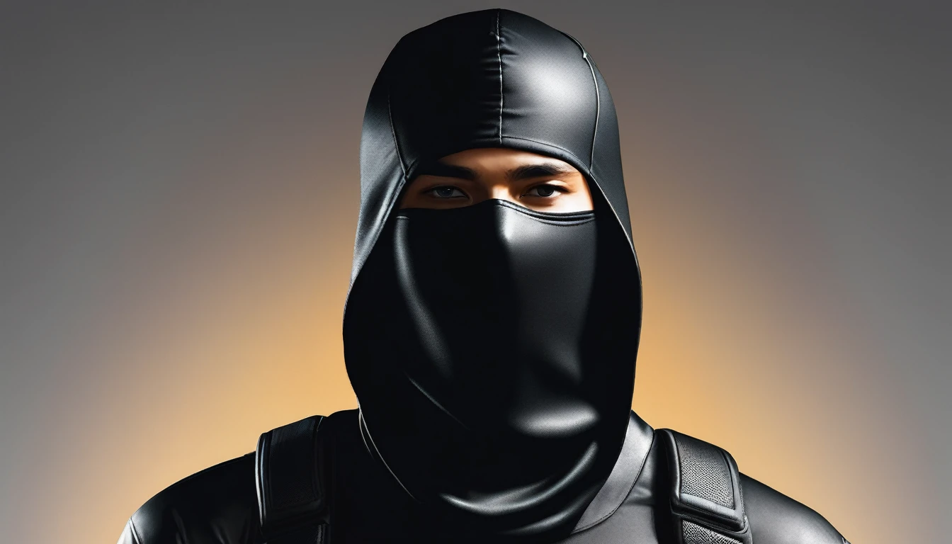 A character in dark clothing , face covered with a black balaclava, with a glowing effect, with solid white background, hyperrealistic,  high quality, ultra detailed
