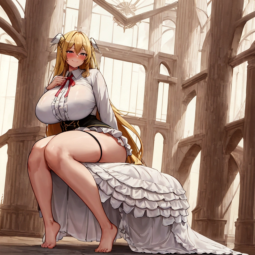 {full body},wariza,sitting,looking down,from below,{upskirt},dynamic angle, dynamic cut,naughty smile,macrophilia,{white wings},{angel},{{very muscular}},{{very muscle}},{very curvy},{very big woman},{very gigantic woman},{very strong woman},{very tall woman},{very long legs},{very gigantic breasts},{very big breasts},{two side up},Adult,Grown-up body,blonde hair,barefoot,cute dress shirt frills ribbon split corset skirt,best quality,solo,white background