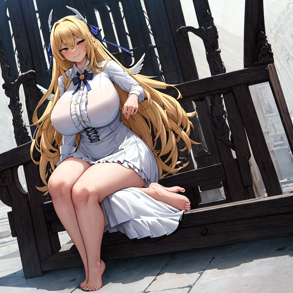 {full body},wariza,sitting,looking down,from below,{upskirt},dynamic angle, dynamic cut,naughty smile,macrophilia,{white wings},{angel},{{very muscular}},{{very muscle}},{very curvy},{very big woman},{very gigantic woman},{very strong woman},{very tall woman},{very long legs},{very gigantic breasts},{very big breasts},{two side up},Adult,Grown-up body,blonde hair,barefoot,cute dress shirt frills ribbon split corset skirt,best quality,solo,white background
