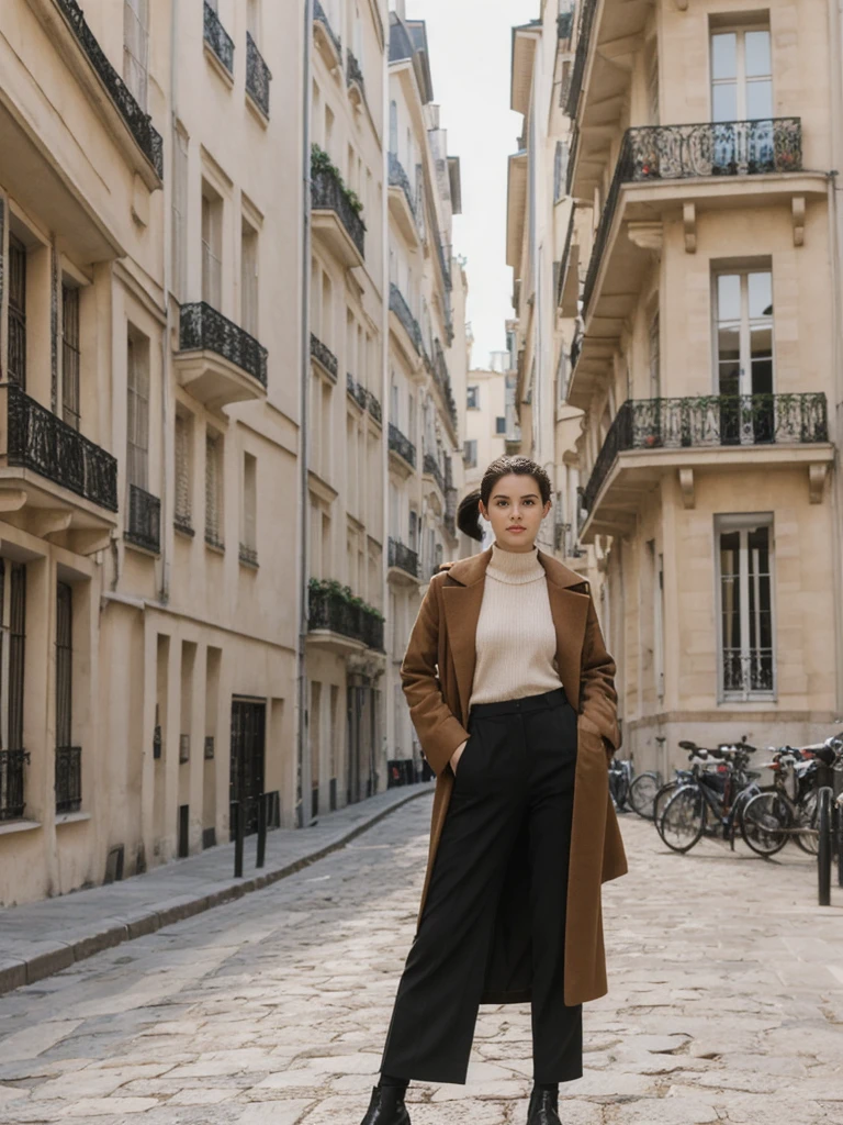 her name is Amelie, high quality, 1girl, ((20-year-old fit Caucasian woman)), ((20 years old)), ((fit)), ((Half-Up Bun dark hair)), pose: standing, wearing stylish fashionable Generation-Z modern wear colored, BACKGROUND:"Inside a charming Parisian apartment in Le Marais, with high ceilings, vintage furnishings, and tall windows overlooking the bustling streets below."