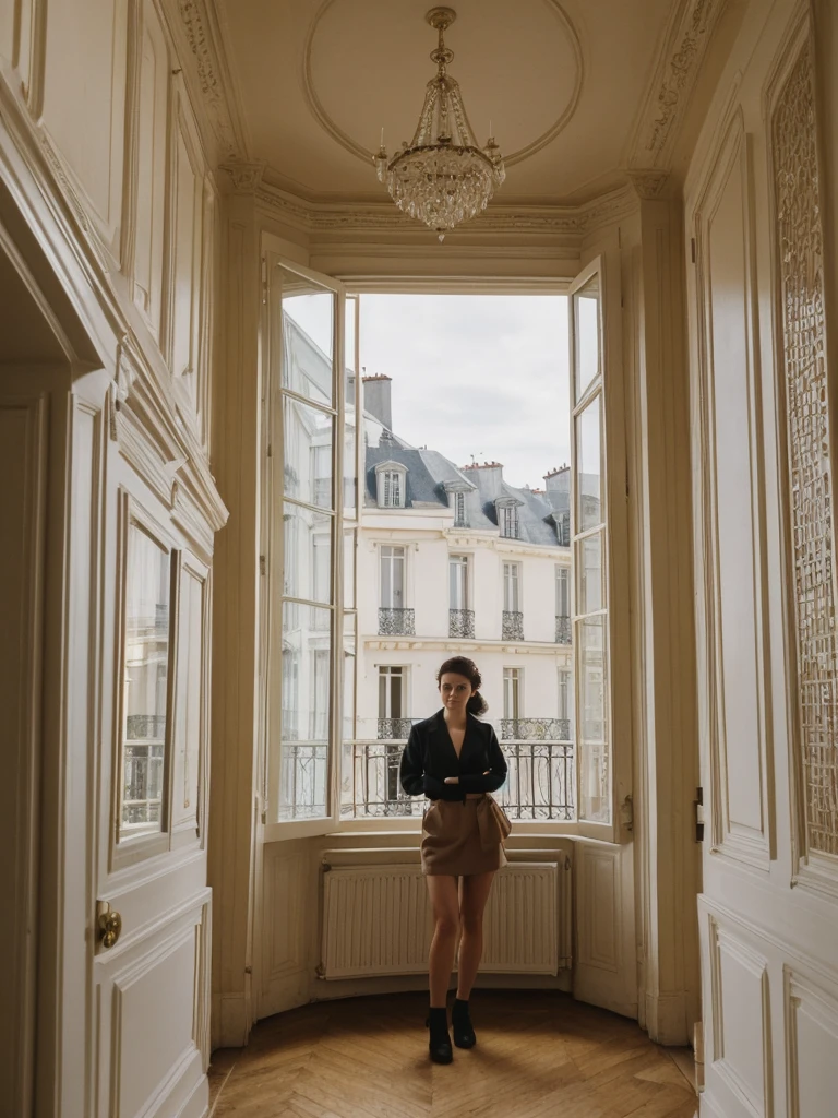 her name is Amelie, high quality, 1girl, ((20-year-old fit Caucasian woman)), ((20 years old)), ((fit)), ((Half-Up Bun dark hair)), pose: standing, wearing stylish fashionable Generation-Z modern wear colored, BACKGROUND:"Inside a charming Parisian apartment in Le Marais, with high ceilings, vintage furnishings, and tall windows overlooking the bustling streets below."
