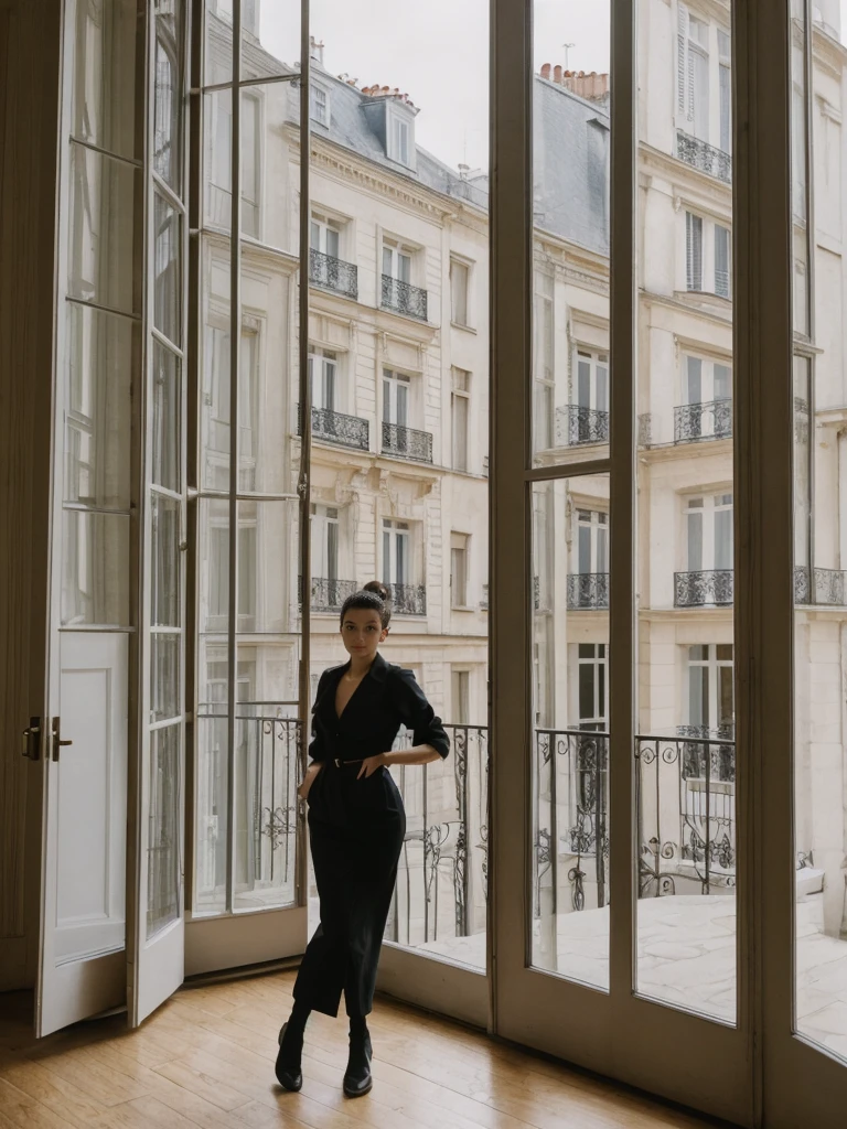 her name is Amelie, high quality, 1girl, ((20-year-old fit Caucasian woman)), ((20 years old)), ((fit)), ((Half-Up Bun dark hair)), pose: standing, wearing stylish fashionable Generation-Z modern wear colored, BACKGROUND:"Inside a charming Parisian apartment in Le Marais, with high ceilings, vintage furnishings, and tall windows overlooking the bustling streets below."