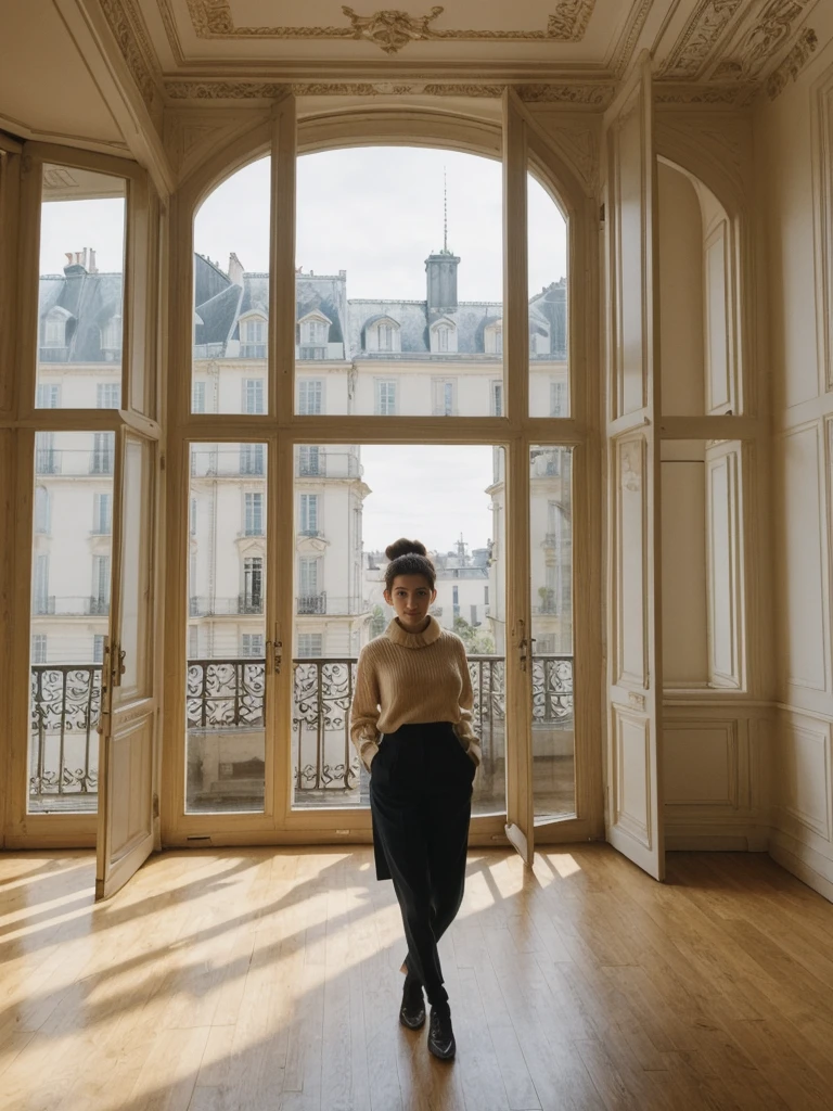 her name is Amelie, high quality, 1girl, ((20-year-old fit Caucasian woman)), ((20 years old)), ((fit)), ((Half-Up Bun dark hair)), pose: standing, wearing stylish fashionable Generation-Z modern wear colored, BACKGROUND:"Inside a charming Parisian apartment in Le Marais, with high ceilings, vintage furnishings, and tall windows overlooking the bustling streets below."