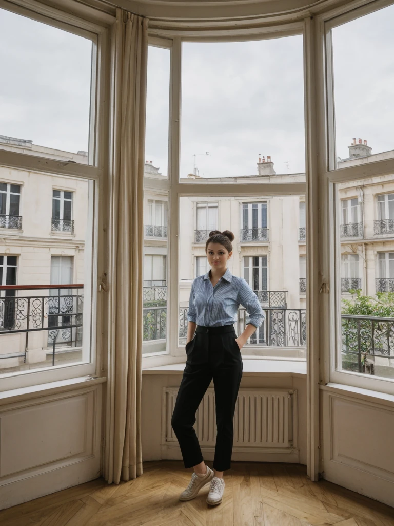 her name is Amelie, high quality, 1girl, ((20-year-old fit Caucasian woman)), ((20 years old)), ((fit)), ((Half-Up Bun dark hair)), pose: standing, wearing stylish fashionable Generation-Z modern wear colored, BACKGROUND:"Inside a charming Parisian apartment in Le Marais, with high ceilings, vintage furnishings, and tall windows overlooking the bustling streets below."