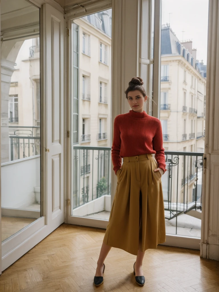 her name is Amelie, high quality, 1girl, ((20-year-old fit Caucasian woman)), ((20 years old)), ((fit)), ((Half-Up Bun dark hair)), pose: standing, wearing stylish fashionable Generation-Z modern wear colored, BACKGROUND:"Inside a charming Parisian apartment in Le Marais, with high ceilings, vintage furnishings, and tall windows overlooking the bustling streets below."
