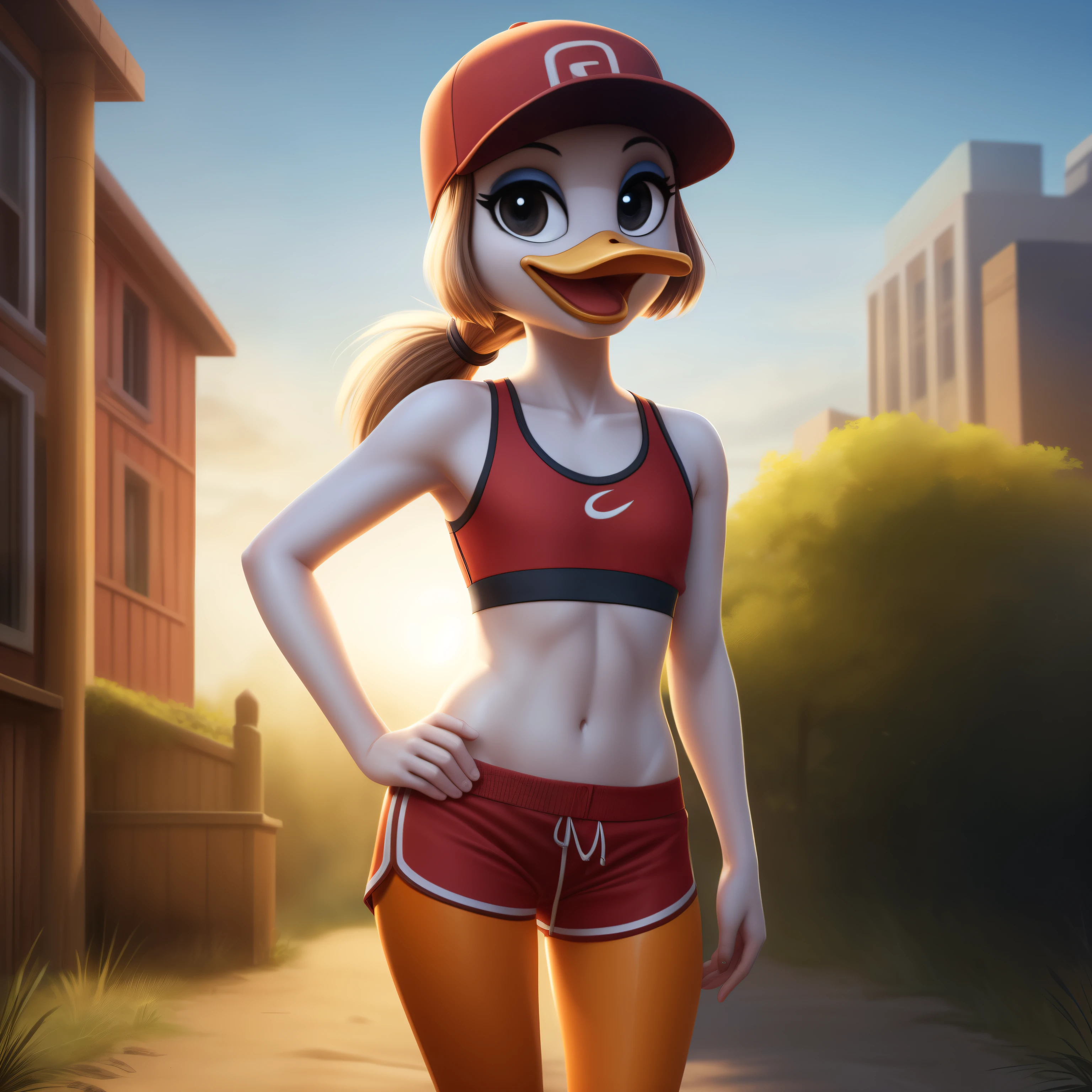 photorealism, adult female duck, Scarlett Duck, detailed background, outside, eyeshadow, cartoon duck beak, long white ponytail hair, cartoon, (flat chested), (orange legs: 1.5), smiling, happy, ducktales 2017, mouth closed, cartoon webbed feet, solo 1.2
wear red sports bra, red shorts, intricate, detailed, wears red cap hat
simple black eyes, detailed, intricate, skinny torso 1.3, (showing her torso)
Best quality, (detailed white skin:1.4), (looking at the viewer), 8k hd, (soft cinematic light:1.1) ,