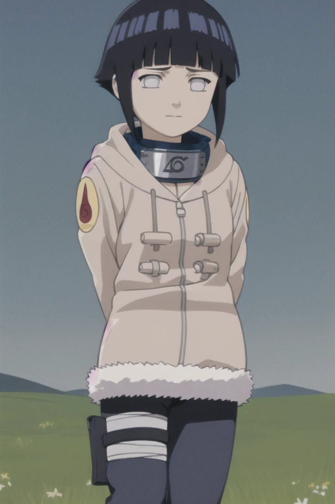 masterpiece, best quality,
1girl,  hyuuga hinata, black hair, short hair, white eyes,  no pupils, coat, forehead protector, fur trim, konohagakure symbol, long sleeves,
arms behind back, upper body, solo, looking at viewer, grass, blue sky, meadow background
 