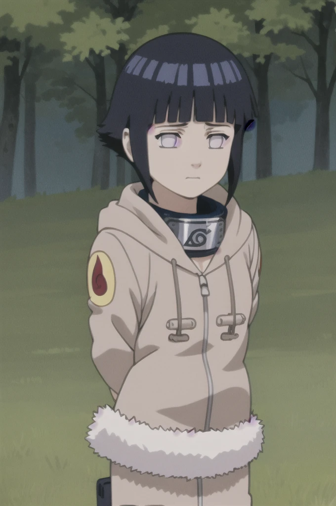 masterpiece, best quality,
1girl,  hyuuga hinata, black hair, short hair, white eyes,  no pupils, coat, forehead protector, fur trim, konohagakure symbol, long sleeves,
arms behind back, upper body, solo, looking at viewer, grass, blue sky, meadow background
 