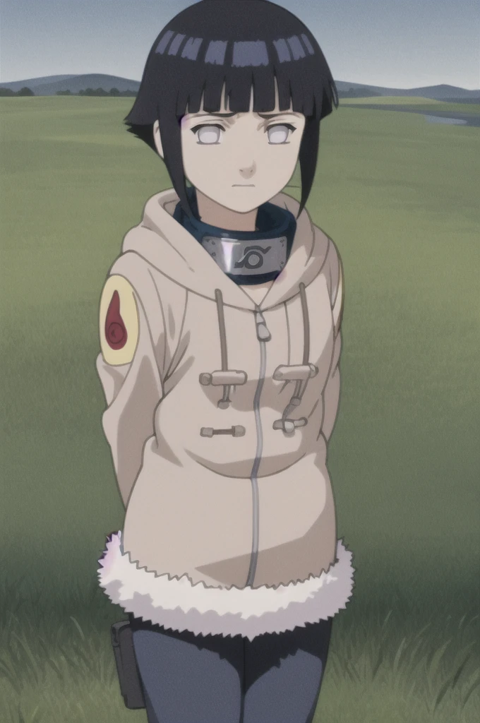 masterpiece, best quality,
1girl, hyuuga hinata, black hair, short hair, white eyes, no pupils, coat, forehead protector, fur trim, konohagakure symbol, long sleeves,
arms behind back, upper body, solo, looking at viewer, grass, blue sky, meadow background