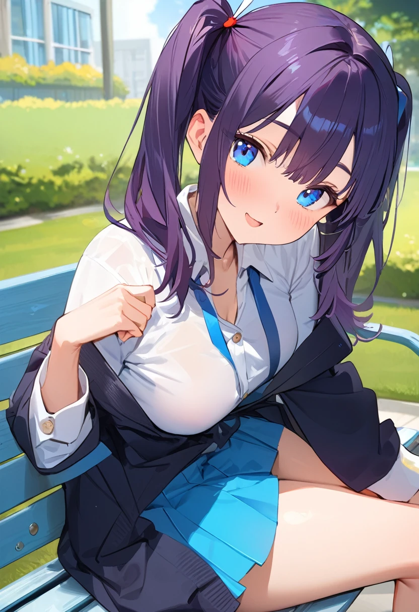 Masterpiece, The best quality, vivid colors, A beautiful 25 year old university student, angelic face, a mole on the face, tremendously provocative body, Casual clothes, twin tails, (yellow hair:1.1) (black hair:0.9), Blue eyes, wide, playful pose, the background is a university campus