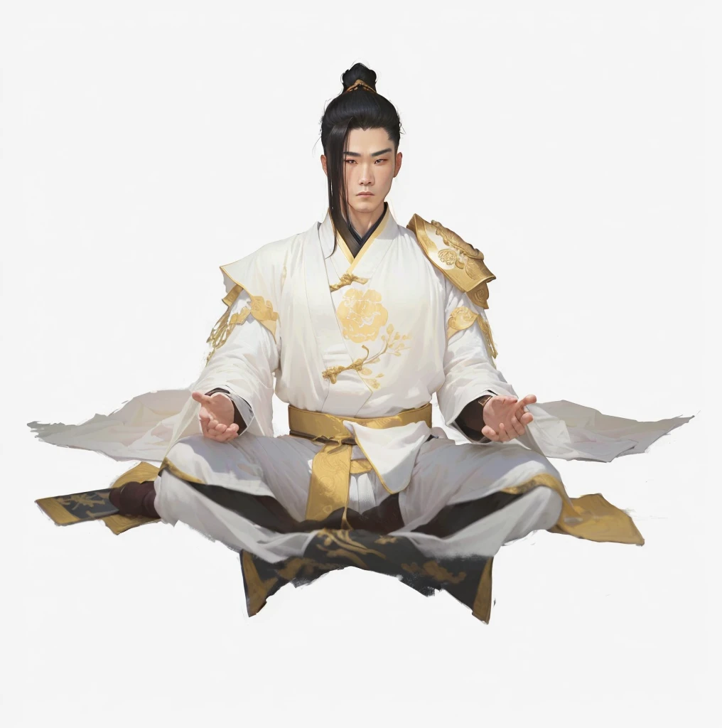 a sitting man in white long robe, traditional chinese painting, elegant male figure, xianxia hero, full body martial arts pose, inspired by dong yuan and zhao mengfu, white taoist robe, detailed cinematic lighting, dramatic lighting, chiaroscuro, warm color tones, highly detailed, 8k, photorealistic, masterpiece