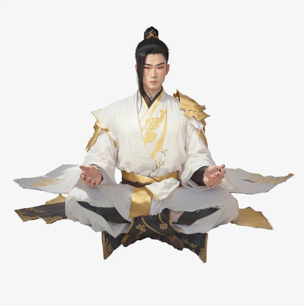a sitting man in white long robe, traditional chinese painting, elegant male figure, xianxia hero, full body martial arts pose, inspired by dong yuan and zhao mengfu, white taoist robe, detailed cinematic lighting, dramatic lighting, chiaroscuro, warm color tones, highly detailed, 8k, photorealistic, masterpiece