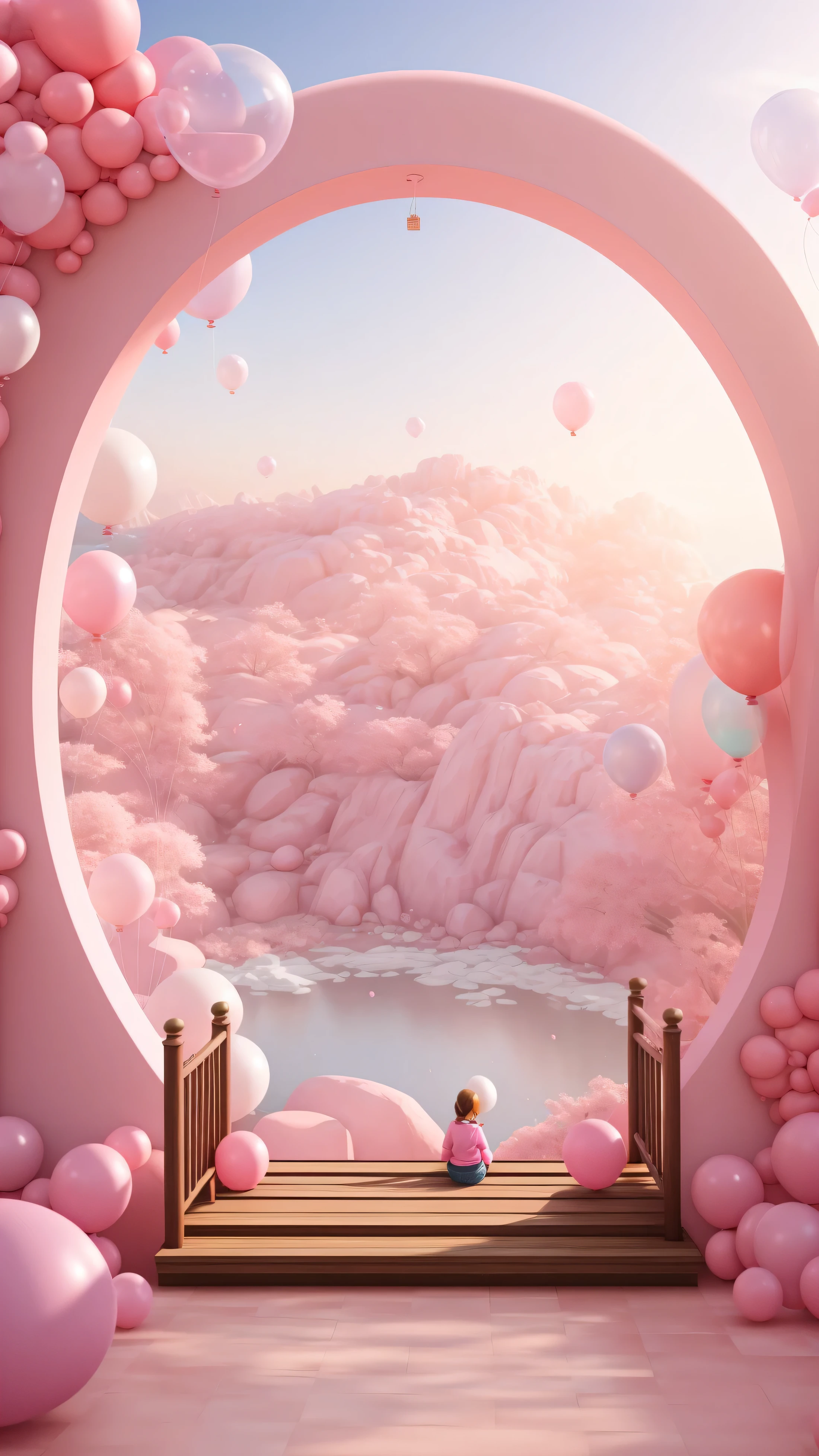 There is a pink and white arch，There are balloons and benches, Pink Zen Style, Pink Landscape, Dreamlike scene, Overlooking the pink ocean, 3D rendering style, Stylized 3d rendering, Hyper-realistic 3D rendering, bubble landscape, Surreal dream landscape, 3 d stylize scene, Stylized as 3D rendering, Dreamy atmosphere and dramatic effects