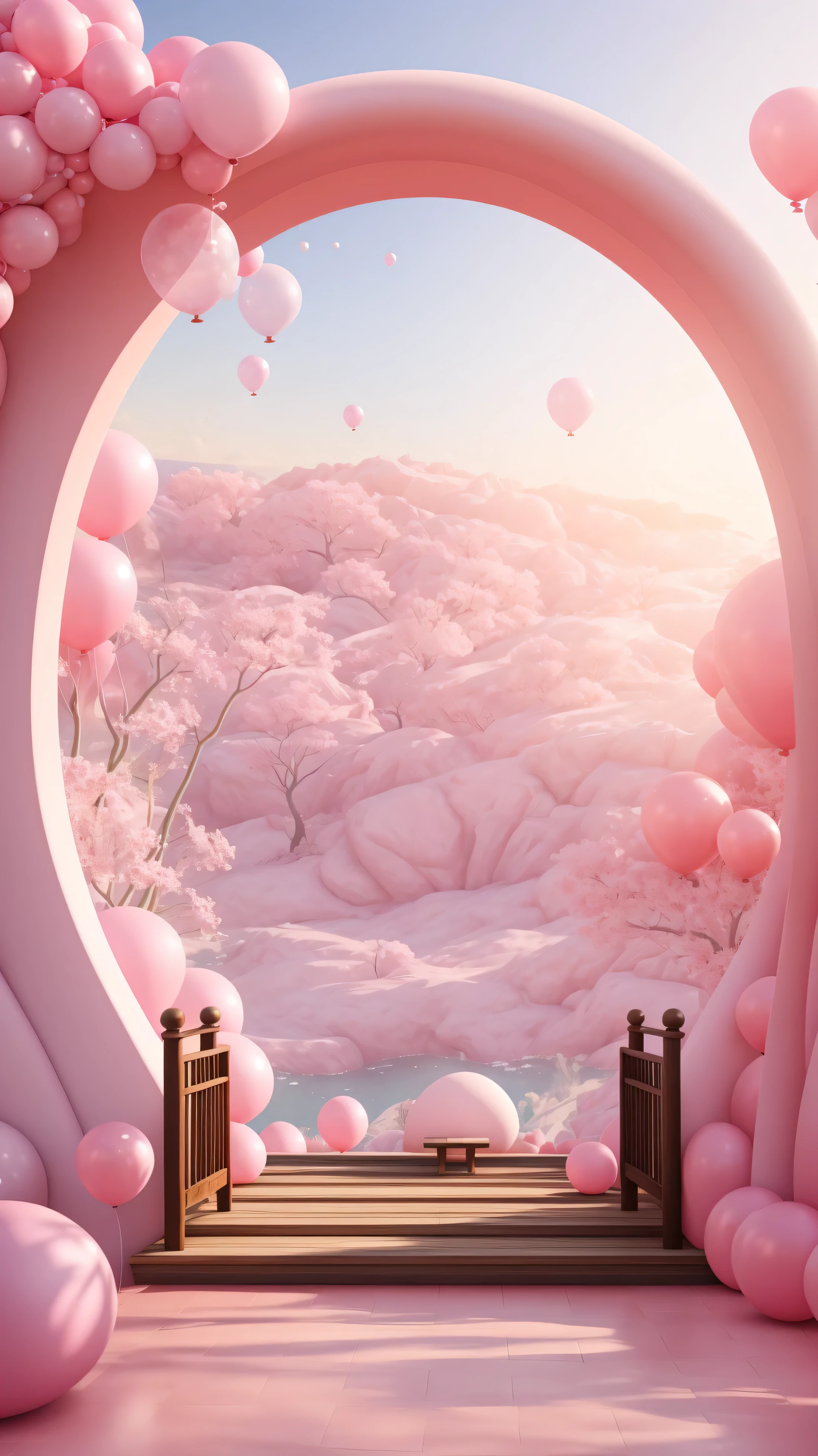There is a pink and white arch,There are balloons and benches, Pink Zen Style, Pink Landscape, Dreamlike scene, Overlooking the pink ocean, 3D rendering style, Stylized 3d rendering, Hyper-realistic 3D rendering, bubble landscape, Surreal dream landscape, 3 d stylize scene, Stylized as 3D rendering, Dreamy atmosphere and dramatic effects
