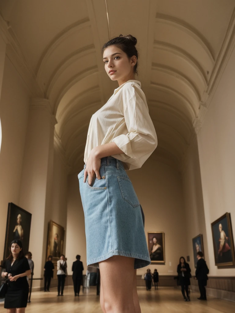 her name is Amelie, high quality, 1girl, ((20-year-old fit Caucasian woman)), ((20 years old)), ((fit)), ((Half-Up Bun dark hair)), pose: standing, wearing stylish fashionable Generation-Z modern wear colored, BACKGROUND: "Inside the Metropolitan Museum of Art, with its vast collection of art spanning ancient to contemporary, elegant galleries