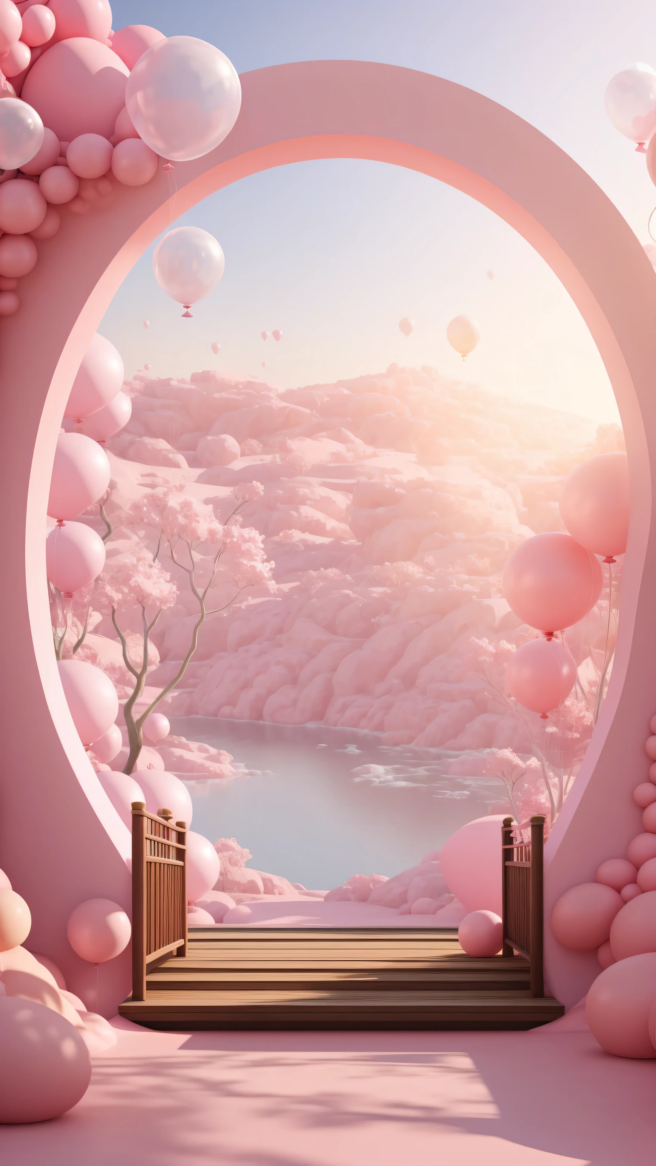 There is a pink and white arch,There are balloons and benches, Pink Zen Style, Pink Landscape, Dreamlike scene, Overlooking the pink ocean, 3D rendering style, Stylized 3d rendering, Hyper-realistic 3D rendering, bubble landscape, Surreal dream landscape, 3 d stylize scene, Stylized as 3D rendering, Dreamy atmosphere and dramatic effects