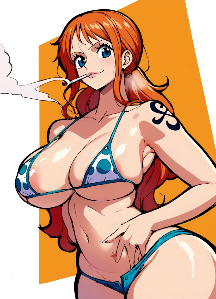 a cartoon picture of a woman in a bikini top and jeans, nami one piece, nami from one piece, nami, beautiful portrait of nami, from one piece, oppai, blue eyes, smoking, ponytail, nsfw
